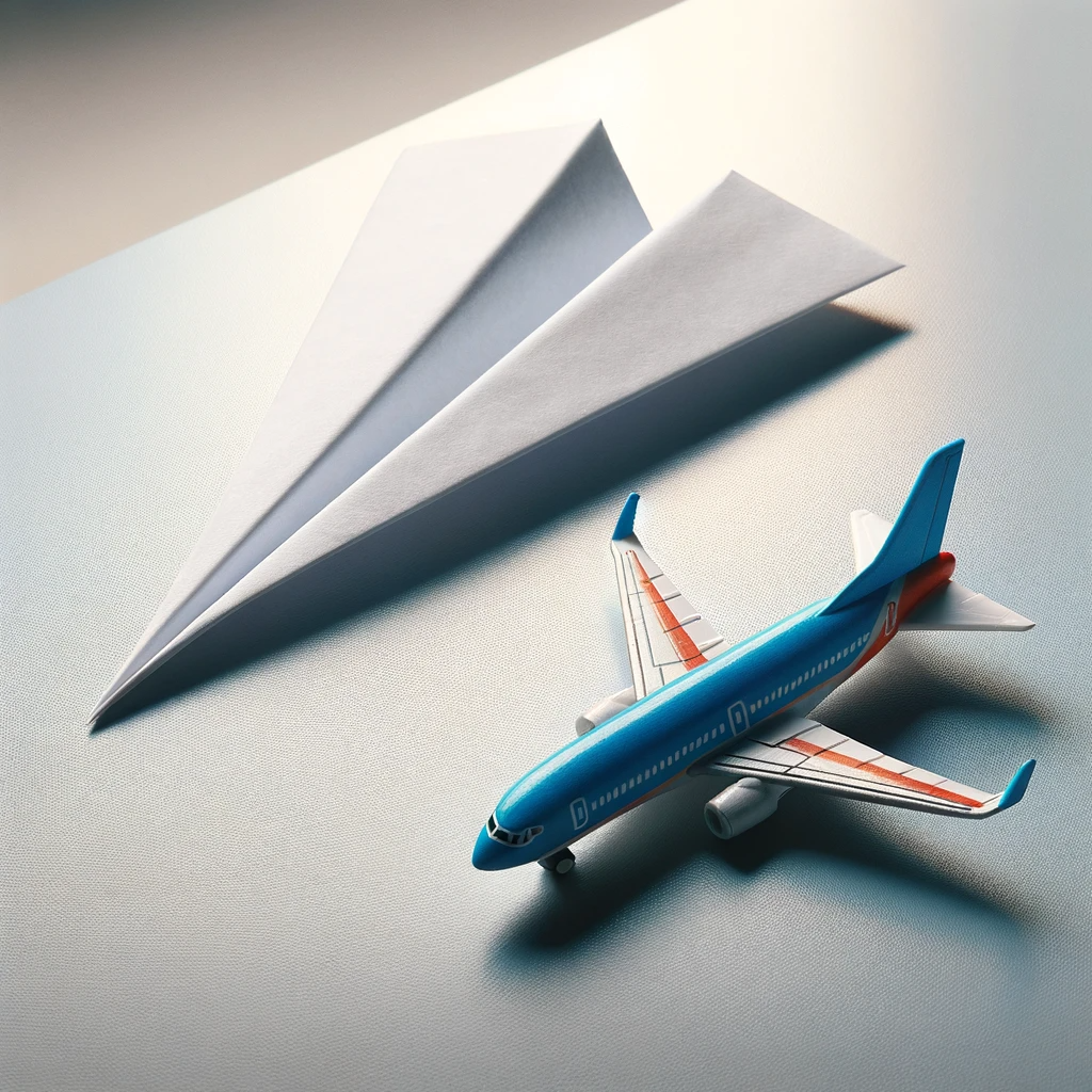 A-side-by-side-comparison-of-a-simple-paper-airplane-and-a-toy-airplane.-The-paper-airplane-is-made-from-a-single-sheet-of-white-paper-folded.